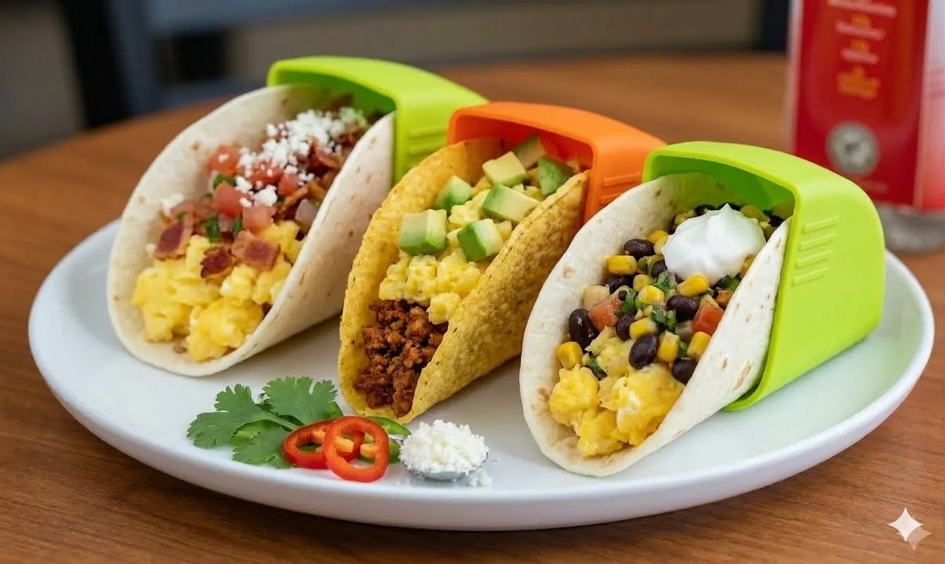 Taco Grip set of three in green and orange Three tacos on a plate supported by two green Taco Grips and one orange Taco Grip.