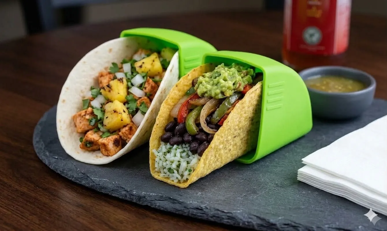 Green Taco Grip for soft and hard-shell tacos Two green Taco Grips holding soft and hard-shell tacos on a dark serving plate.