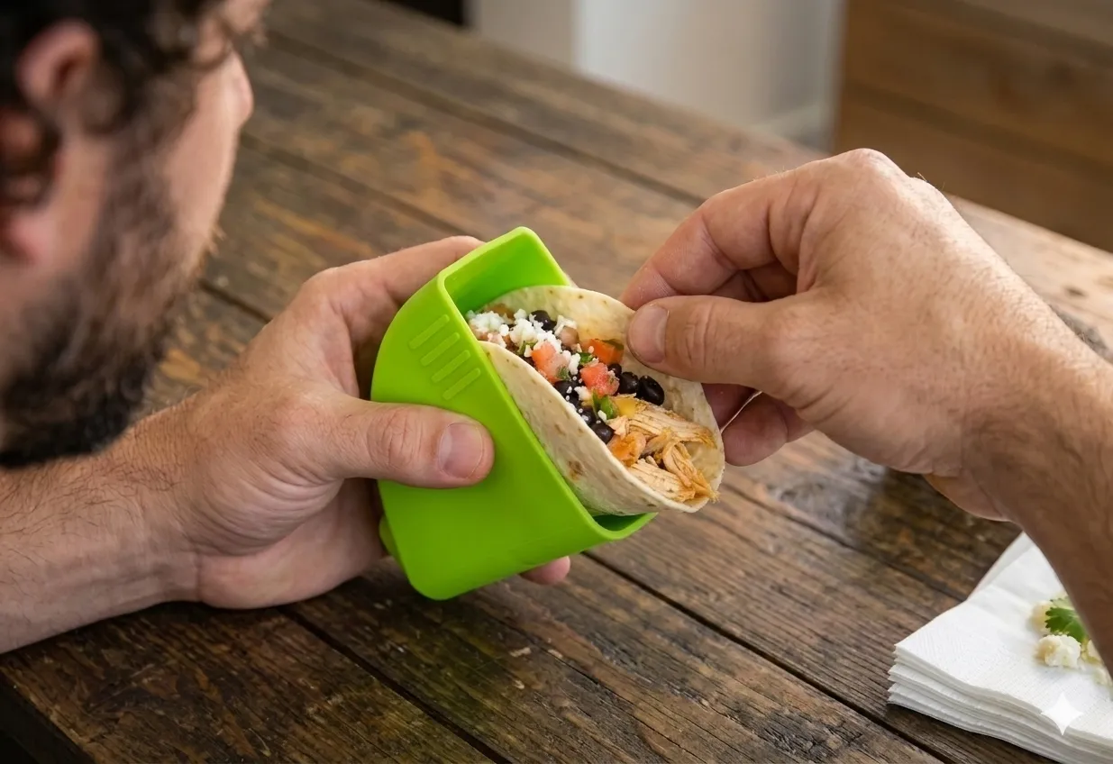 How to slide a taco into Taco Grip Hands positioning a filled taco inside a green Taco Grip.