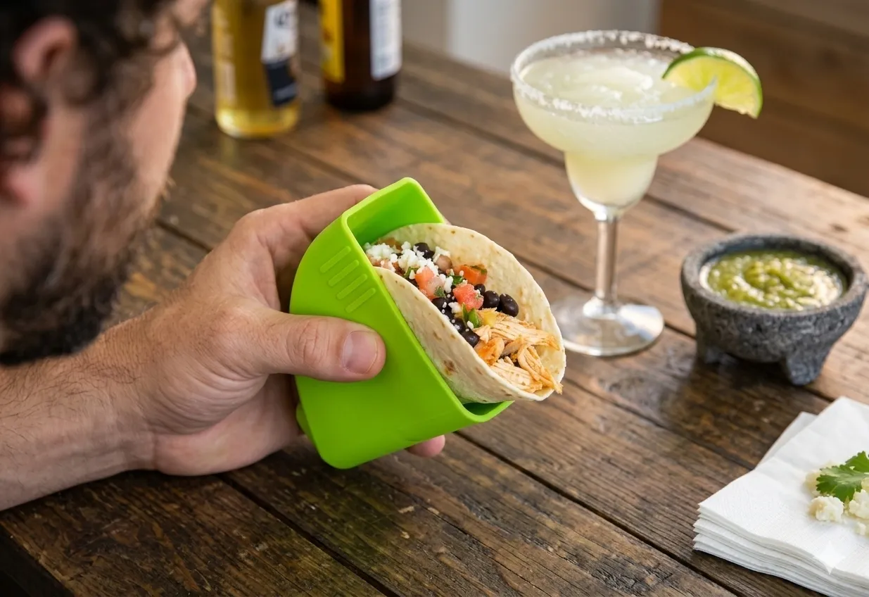 Get a comfortable hold with Taco Grip A hand holding a taco upright in a green Taco Grip beside a margarita and salsa.