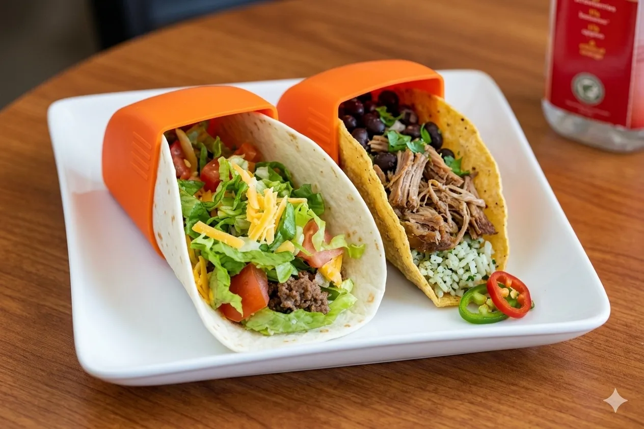 Orange Taco Grip for soft and hard-shell tacos Two orange Taco Grips holding a soft taco and a hard-shell taco on a plate.