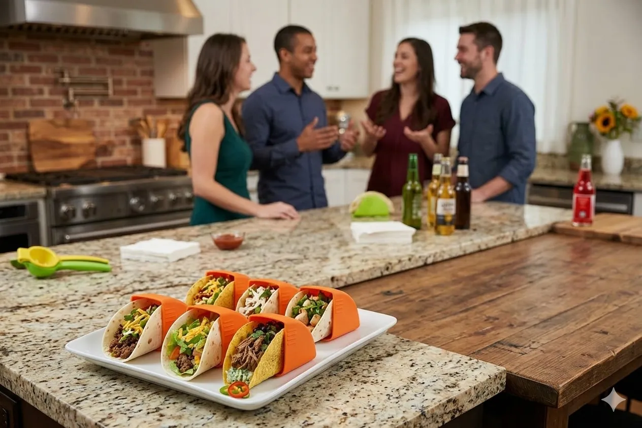 Taco night with friends and orange Taco Grips Four friends gathering in a kitchen with a platter of tacos held upright in orange Taco Grips in the foreground.