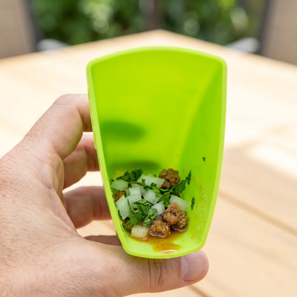 Taco Grip catches fallen toppings and grease Onion, cilantro, beef crumbles, and taco juices collected inside a green Taco Grip.